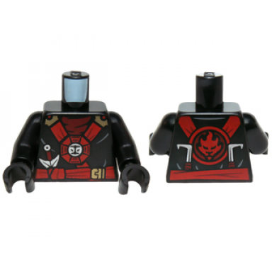 black torso ninjago red and gold straps and belt round emblem weapons and dark red undershirt pattern black arms black hands