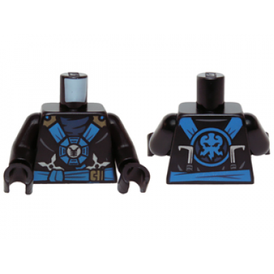 black torso ninjago blue and gold straps and belt round emblem weapons and dark blue undershirt pattern black arms black hands