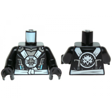 black torso ninjago white and silver straps and belt round emblem weapons and silver armor pattern black arms black hands