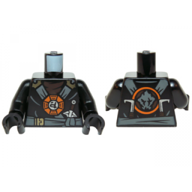 black torso ninjago dark bluish gray and gold straps and belt round emblem weapons and dark brown undershirt pattern black arms black hands