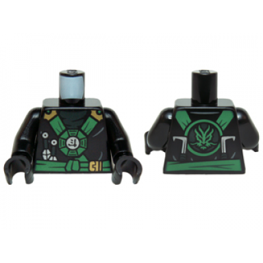 black torso ninjago green and gold straps and belt round emblem weapons and dark green undershirt pattern black arms black hands