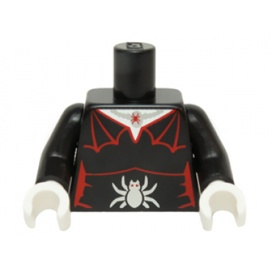 black torso female outline with red spider web trim necklace silver spider pattern black arms white hands