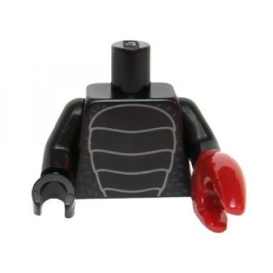 black torso insect with shell with scales and dark green specks pattern black arms black hand right dark red crab pincer left