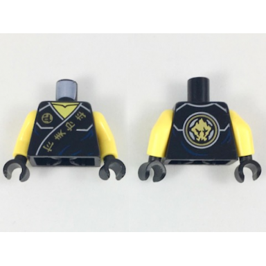 black torso ninjago robe with gold ninjago logogram fire earth lightning energy on black sash pattern yellow arms black hands