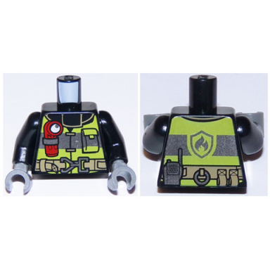 black torso fire reflective stripes with utility belt and flashlight front fire badge on back pattern black arms dark bluish gray hands