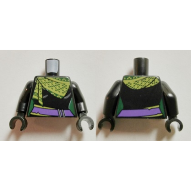 black torso female outline with dark purple sash and green and yellow scarf pattern black arms black hands