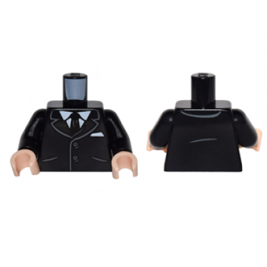 black torso suit jacket with 2 buttons pockets tie white shirt and pocket square pattern black arms light nougat hands