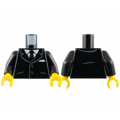black torso suit jacket with 2 buttons pockets tie white shirt and pocket square pattern black arms yellow hands