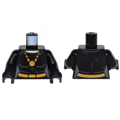 black torso batman female outline silver dots gold necklace with pendant and belt with buckle pattern black arms black hands