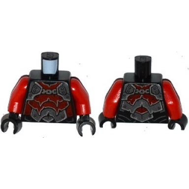 black torso nexo knights armor with silver and dark red plates rivets and chain pattern red arms black hands