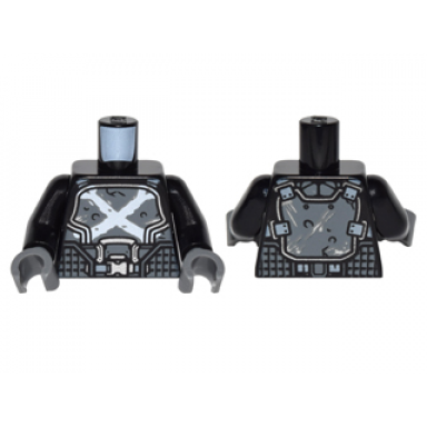 black torso body armor with straps and white crossbones pattern black arms dark bluish gray hands