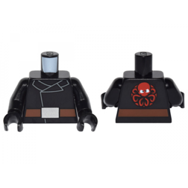 black torso jacket with reddish brown belt with silver belt buckle and red octopus marvel hydra logo on reverse pattern black arms black hands