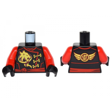 black torso ninjago robe with gold lion wings and ninjago logogram fire and red sash pattern red arms black hands