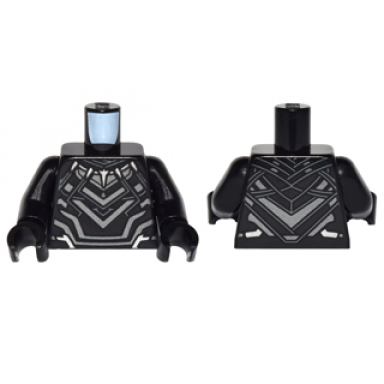 black torso super hero costume with dark silver chevron armor panels dark bluish gray lines silver animal tooth claw necklace pattern black arms black hands
