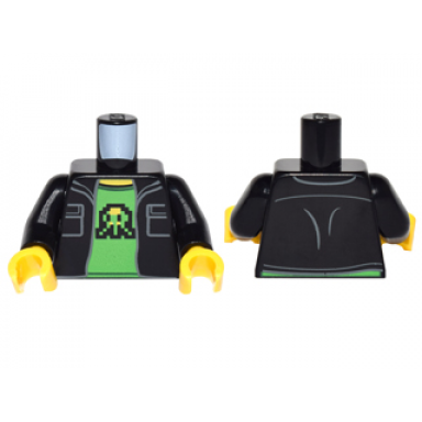 black torso jacket with two pockets over bright green t-shirt with 8-bit shooter pattern black arms yellow hands