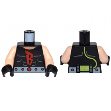 black torso batman shirt with muscles outline and red b silver belt and lime hose on reverse pattern light nougat arms black hands