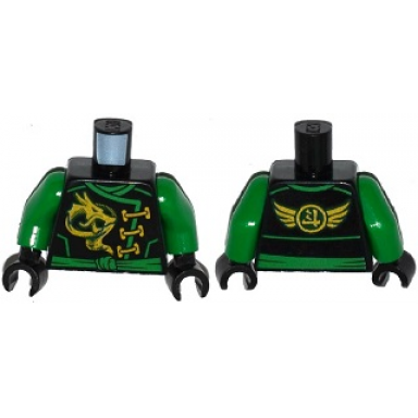 black torso ninjago robe with gold dragon green sash and ninjago logogram energy and wings on reverse pattern green arms black hands