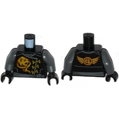 black torso ninjago robe gold ghost emblem dark bluish gray sash ninjago logogram earth and wings on back pattern dark bluish gray arms black hands