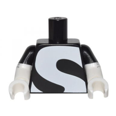 black torso with large white letter s pattern white arms with black short sleeves and silver trim pattern white hands