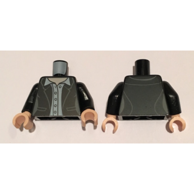 black torso female jacket open over white shirt with light nougat neck collar 5 buttons and 2 pockets pattern black arms light nougat hands