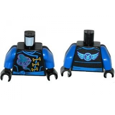 black torso ninjago robe with gold clasps jay power symbol blue sash and emblem and wings on back pattern blue arms black hands