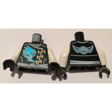 black torso ninjago robe with gold clasps zane power symbol white sash and emblem and wings on back pattern white arms black hands