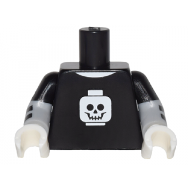 black torso t-shirt with white minifigure head skull pattern light bluish gray arms with black short sleeves and stripes pattern white hands