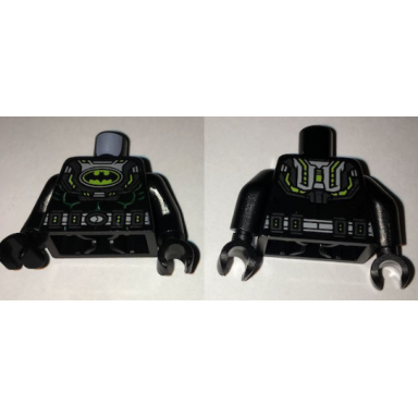 black torso batman logo in lime oval with body armor and silver belt pattern black arms black hands