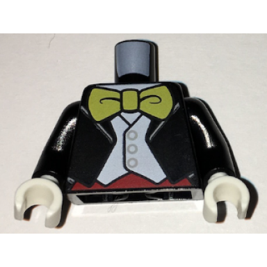 black torso jacket formal with white vest white shirt and large yellow bow tie pattern black arms white hands