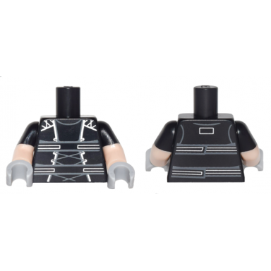 black torso harness with dark bluish gray laces and silver trim pattern light nougat arms with molded black short sleeves pattern light bluish gray hands