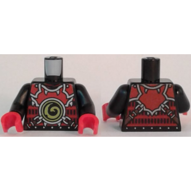 black torso ninjago red armor with lime swirl medallion front belts on back pattern black arms red hands
