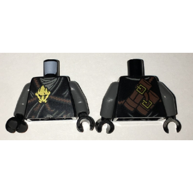 black torso ninjago brown rope gold medallion and gray undershirt front scabbards on back pattern dark bluish gray arms black hands