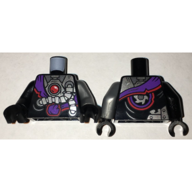 black torso ninjago robe with purple sash with knot mechanical parts and silver saw blade pattern flat silver arm left black arm right black hands