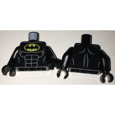 black torso batman logo in yellow oval with muscles pattern black arms black hands