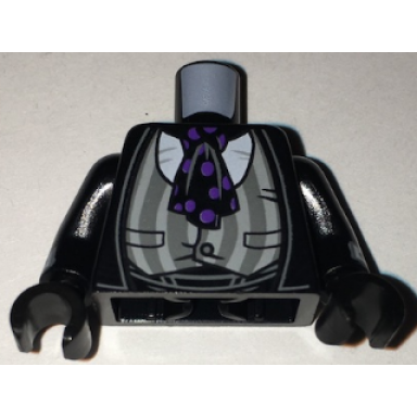 black torso jacket with gray striped stretched vest black ascot with purple spots pattern black arms with white cuffs pattern black hands