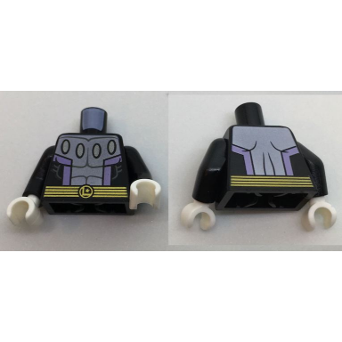 black torso silver center panel with 4 ovals lavender stripes gold belt pattern black arms white hands