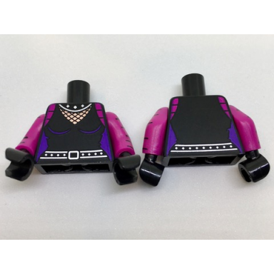 black torso batman female outline with fishnet inset silver studded collar and belt pattern magenta arms with black stripes pattern black hands
