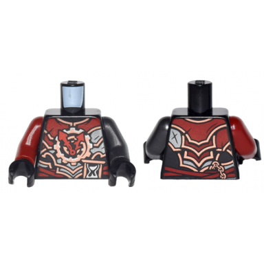 black torso ninjago dark red silver and copper armor with clock and hourglass pattern pearl dark gray arm left dark red arm right black hands