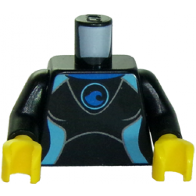 black torso female wetsuit with blue collar and wave logo medium azure panels silver zipper with pull cord on back pattern black arms yellow hands