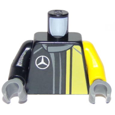 black torso racing suit with yellow panel dark bluish gray collar silver mercedes-benz logo and white amg logo on back pattern yellow arm left black arm right dark bluish gray hands
