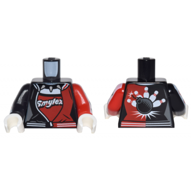 black torso female outline black and red bowling jacket pattern red arm left with diamonds pattern black arm right with creatures pattern white hands