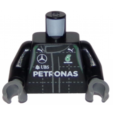 black torso racing suit with boss mercedes petronas puma and ubs logos green trim front and back pattern black arms dark bluish gray hands