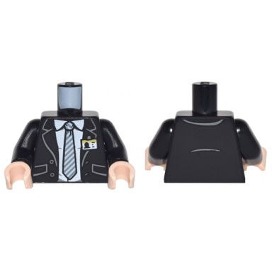 black torso suit with pockets and buttons over white shirt with collar and gray striped tie and id badge pattern black arms light nougat hands