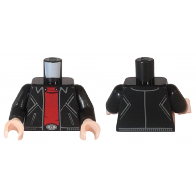 black torso leather jacket with gray stitching slash pockets and waistband over red shirt silver oval belt buckle pattern black arms light nougat hands
