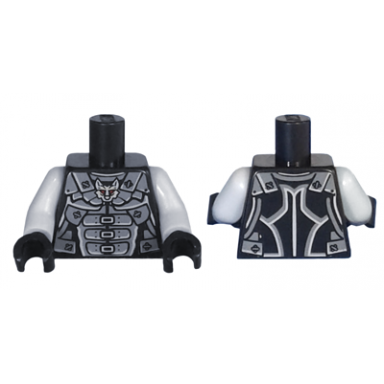 black torso ninjago dark bluish gray armor with wolf head emblem pattern light bluish gray arms black hands