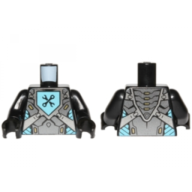 black torso nexo knights armor with pearl dark gray and silver panels and black crossed wrenches on medium azure pentagonal shield pattern black arms black hands
