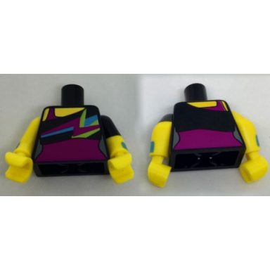 black torso bare shoulder top with spiky colors over magenta leotard pattern yellow arms with wristbands and black left short sleeve yellow hands