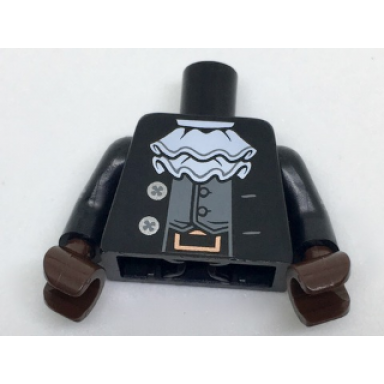 black torso coat with white ruffle over dark bluish gray vest silver buttons pattern black arms with silver buttons pattern dark brown hands