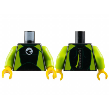 black torso wetsuit with dark green collar lime panels wave logo on white circle silver zipper with pull cord on back pattern lime arms yellow hands