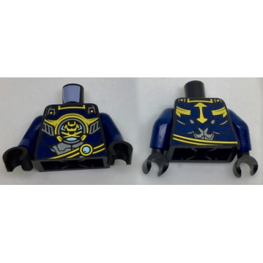 black torso ninjago with silver and dark blue armor gold trim and samurai logo pattern dark blue arms black hands